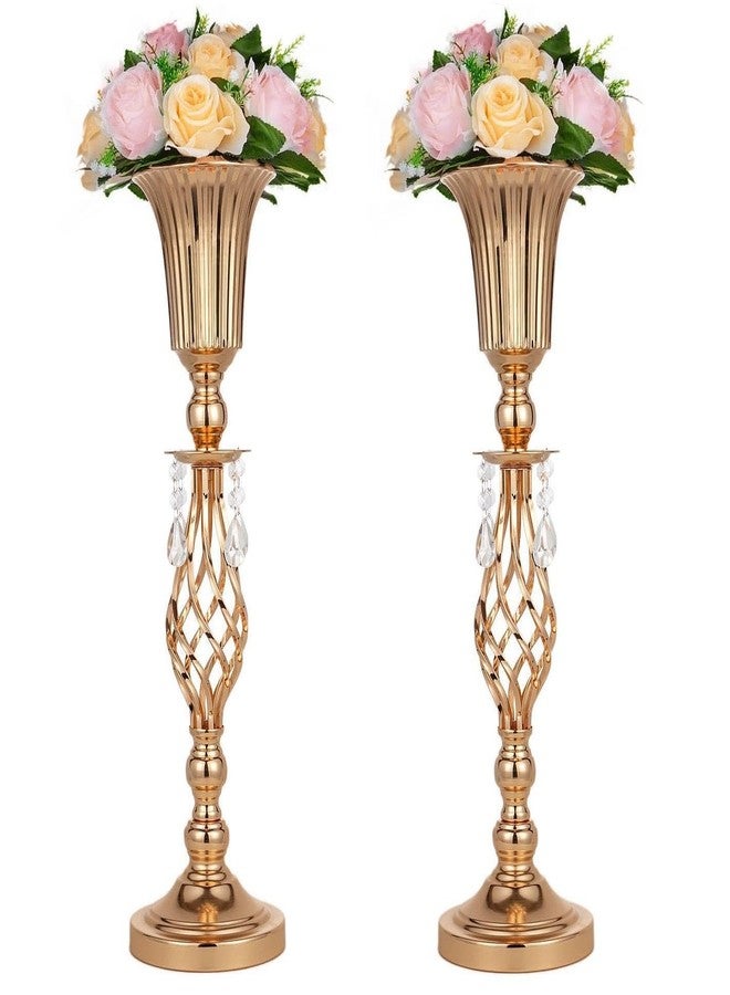 Lovecat 2 Pcs Elegant Metal Gold Floral Vase, Beaded Crystal Gold Trumpet Crown Vase, Perfect for Wedding Banquets, Birthdays, Anniversaries, Holiday Parties and Other Important Event Centerpieces(23.2") - Image 1
