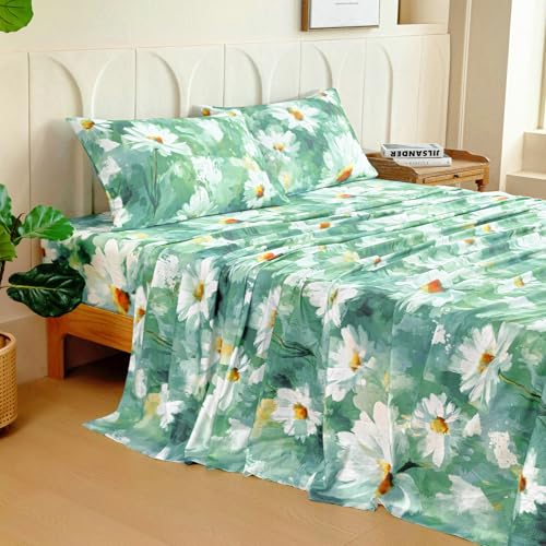 M&Co MCO 100% Cotton Sheet Set Floral Printed, 300 Thread Count Cotton Queen Sheet Set, 16" Deep Pocket, Breathable Cooling Sheets 4 Pieces (Queen, Daisy Dark Green) - Image 2