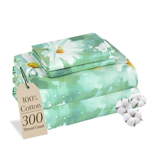 M&Co MCO 100% Cotton Sheet Set Floral Printed, 300 Thread Count Cotton Queen Sheet Set, 16" Deep Pocket, Breathable Cooling Sheets 4 Pieces (Queen, Daisy Dark Green) - Image 1