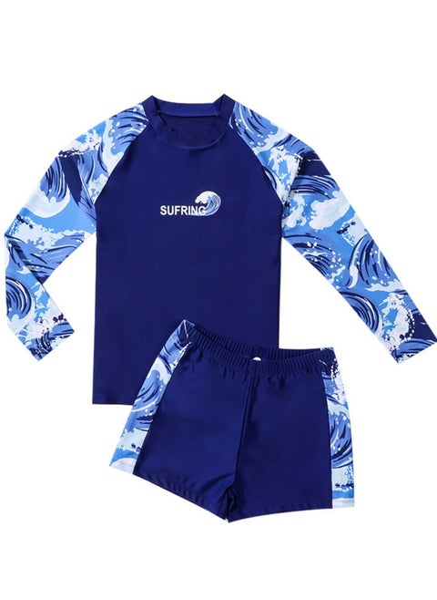 Boys Split Swimsuits Set Long Sleeve Swim Shirts With Trunks 2 Piece Quick Dry Swim Set