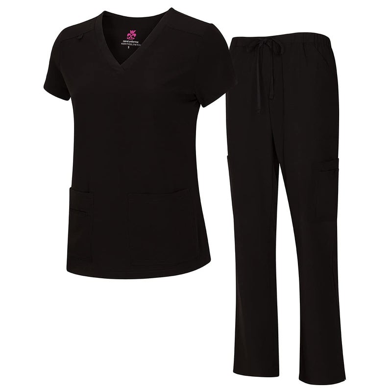 Natural Uniforms Women's Cool Stretch V-Neck Top and Cargo Pant Set (Black, Medium-Petite) - Image 1