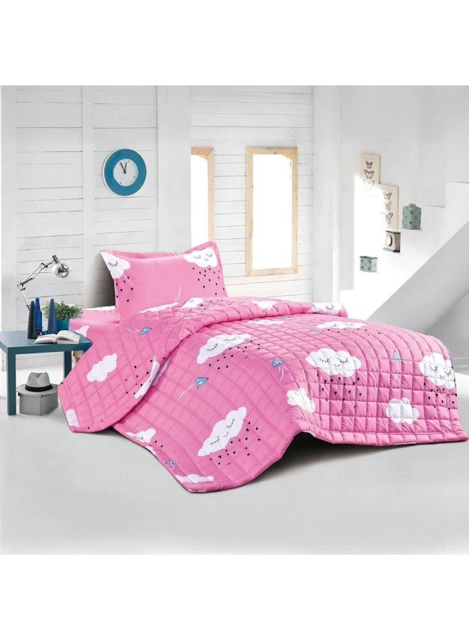 Girls Single Bedding Set Pink Cartoon Clouds Design 3 Pieces - Image 3