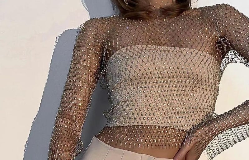 ABAFIP Women's Sparkly Rhinestone Crop Top Long Sleeve Mesh Bikini Cover up Summer Beach Holiday Fishnet Shirts Festival Rave Tops Gold Small - Image 5