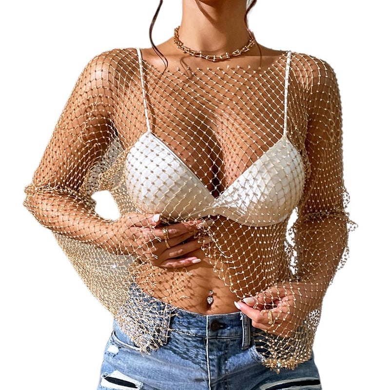 ABAFIP Women's Sparkly Rhinestone Crop Top Long Sleeve Mesh Bikini Cover up Summer Beach Holiday Fishnet Shirts Festival Rave Tops Gold Small - Image 1