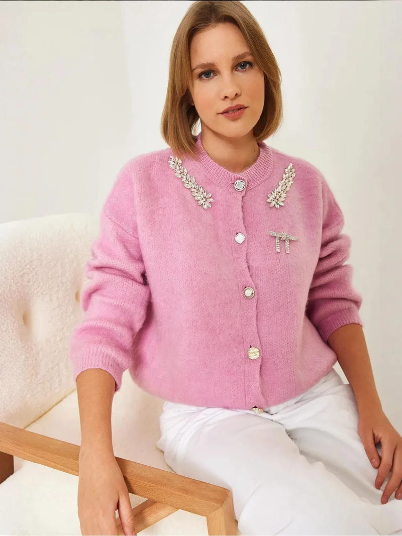 Bianco Lucci LUCCI Embellished Crew Neck Long Sleeve Cardigan