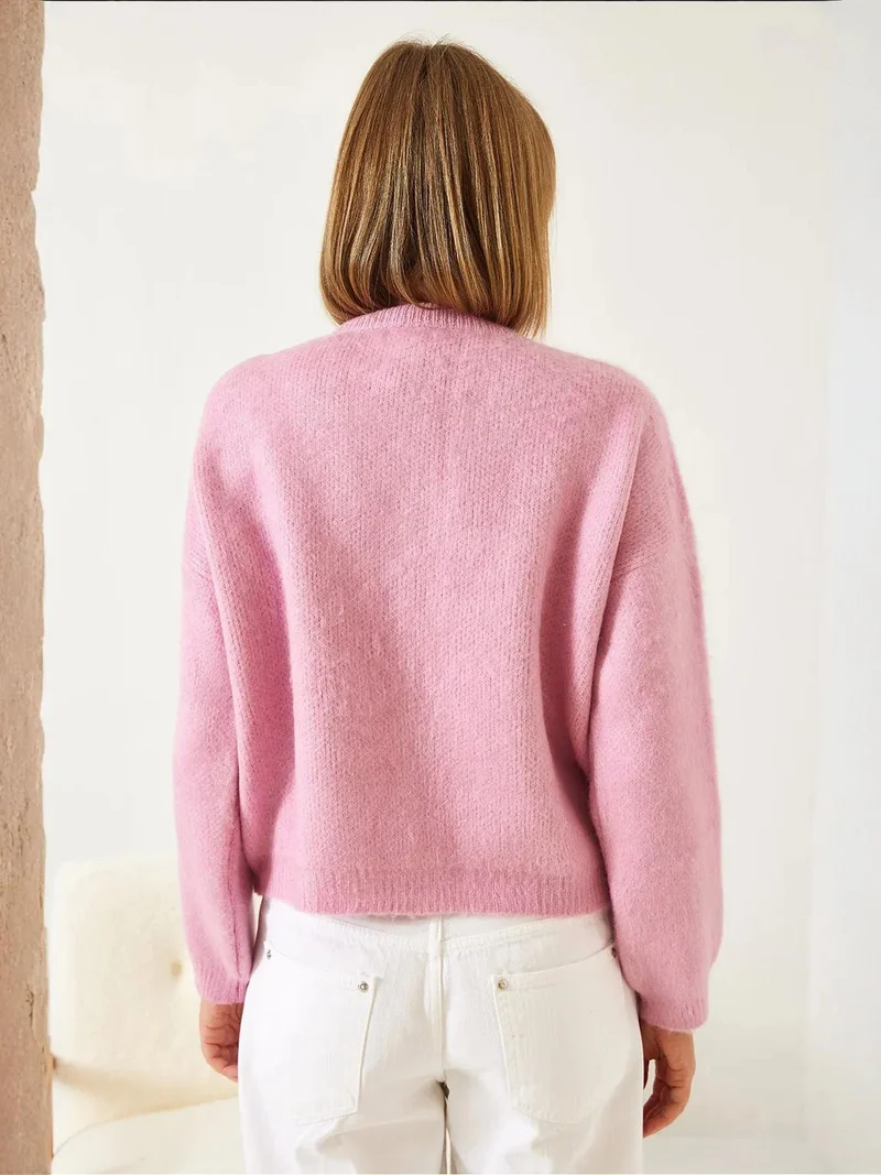 Bianco Lucci Bright Pink LUCCI Embellished Crew Neck Long Sleeve Cardigan for Women | Best Price UAE