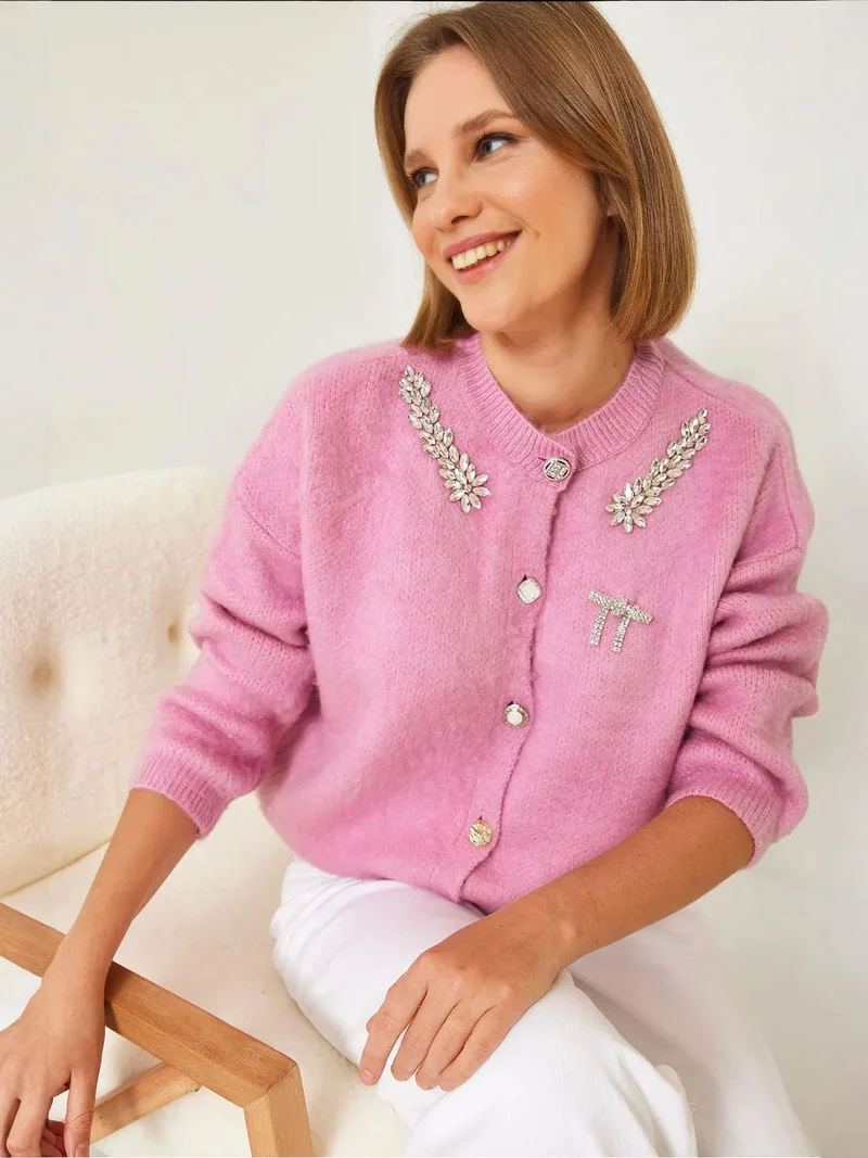 LUCCI Embellished Crew Neck Long Sleeve Cardigan