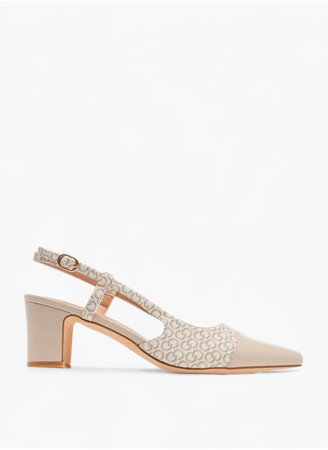 Celeste Womens Monogram Detail Slingback Shoes With Buckle Closure And Block Heels