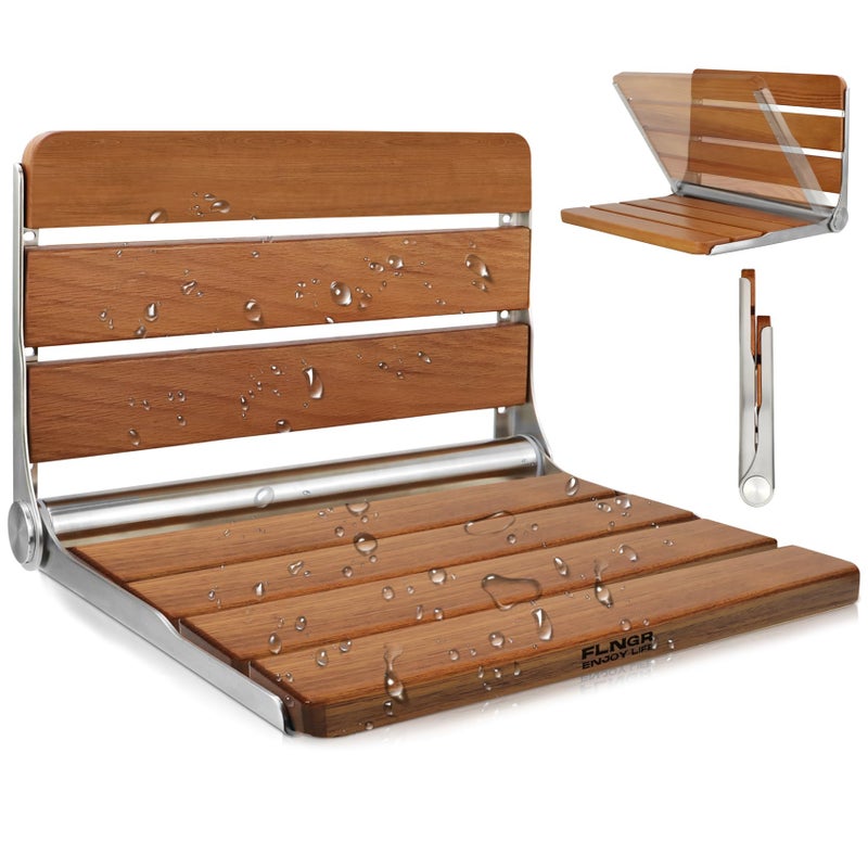 16 inchs Teak Folding Shower Seat Wall Mounted Foldable Shower Bench 400lbs Max Load SpaceSaving Fold Down Design for Seniors Elderly  Small Shower Spaces