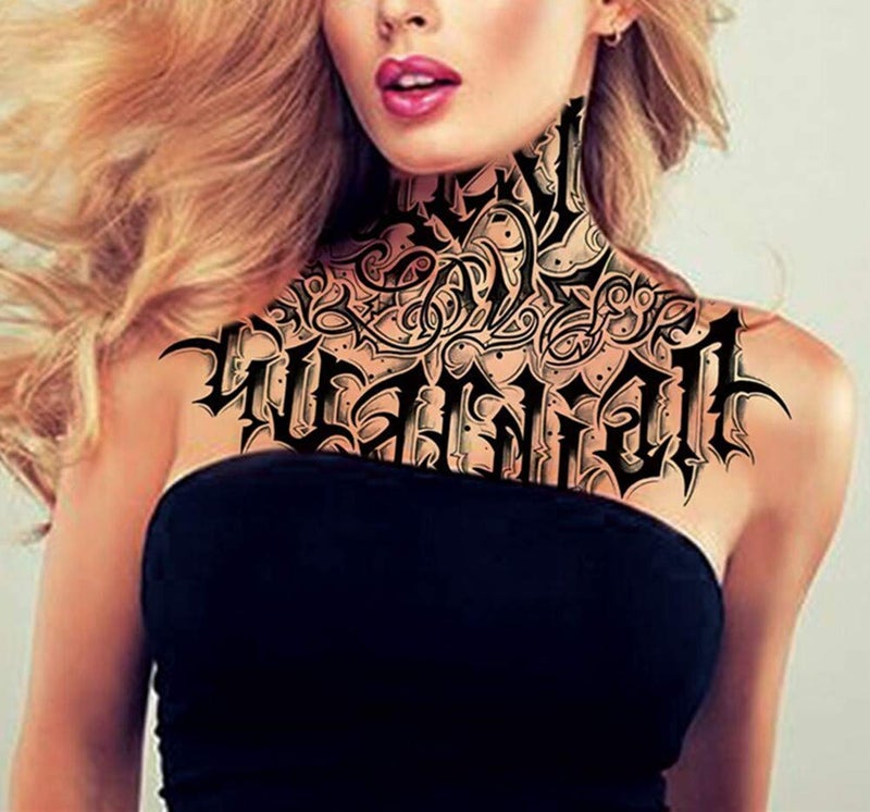 DaLin Temporary Tattoos 2 Sheets Deep Black Large Neck Tattoos for Halloween Costume Accessories and Parties