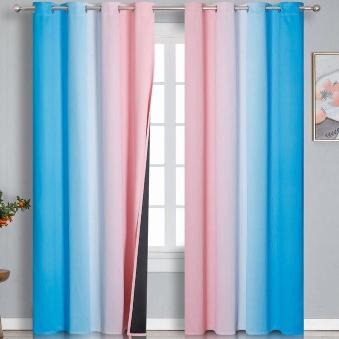 PINK AND BLUE BLACKOUT CURTAINS 84 INCHES LONGOMBRE AND WAVE LINE PATTERN GROMMET THERMAL INSULATED GRADIENT BLACKOUT CURTAINS FOR BEDROOMFULL LIGHT BLOCKING DRAPES FOR KID ROOM52X84 INCH2 PANELS