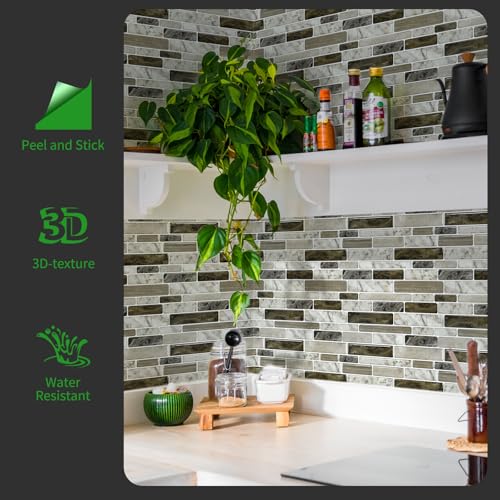 LONGKING Self-Adhesive Kitchen Backsplash, Marble Look Decorative Tiles (10 Tiles) (Multi) - Image 3