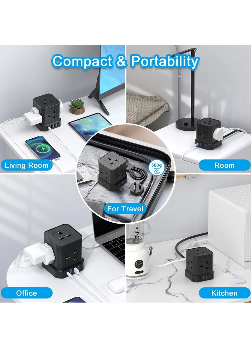 PD3.0 USB-C Cube Extension Lead 2M, TOPREK 5 Way (13A/3250W) Multi Plug Extension Socket + 4 USB Slots+1 Switch, Child Safety UK Desktop Extension Cable for Home Dorm Office Travel - Image 3