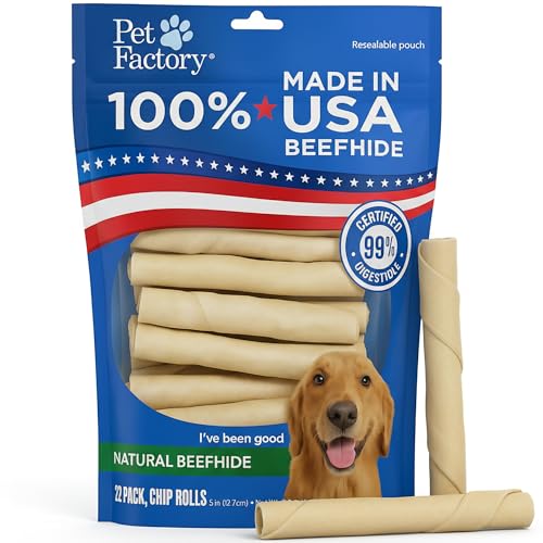 Pet Factory 100% Made in USA Beefhide Chip Rolls Dog Rawhide Chews - Thick, Long-Lasting Chews for Dental Health & Safe Chewing from American Cattle - 5 Inches (Pack of 22) - Image 1