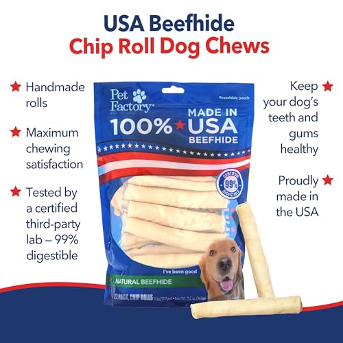 Pet Factory 100% Made in USA Beefhide Chip Rolls Dog Rawhide Chews - Thick, Long-Lasting Chews for Dental Health & Safe Chewing from American Cattle - 5 Inches (Pack of 22) - Image 3