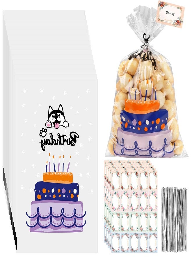 VALUCKEE 100Pcs Larger Capacity Dog Paw Print Cellophane Bags, Dog Cat Treat Bags with Stickers, Candy Bags, Dog Birthday Party Supplies, Gift Bags Pet Party Favors, Birthday - Image 1
