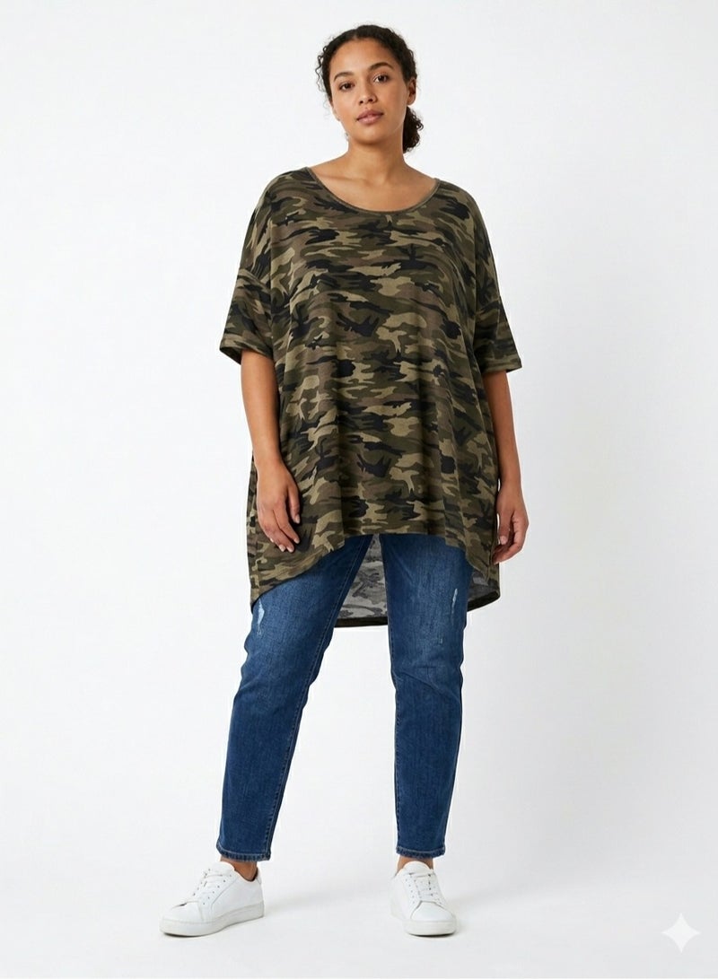 Women oversized army camouflage print top knot cotton blouse - Image 1