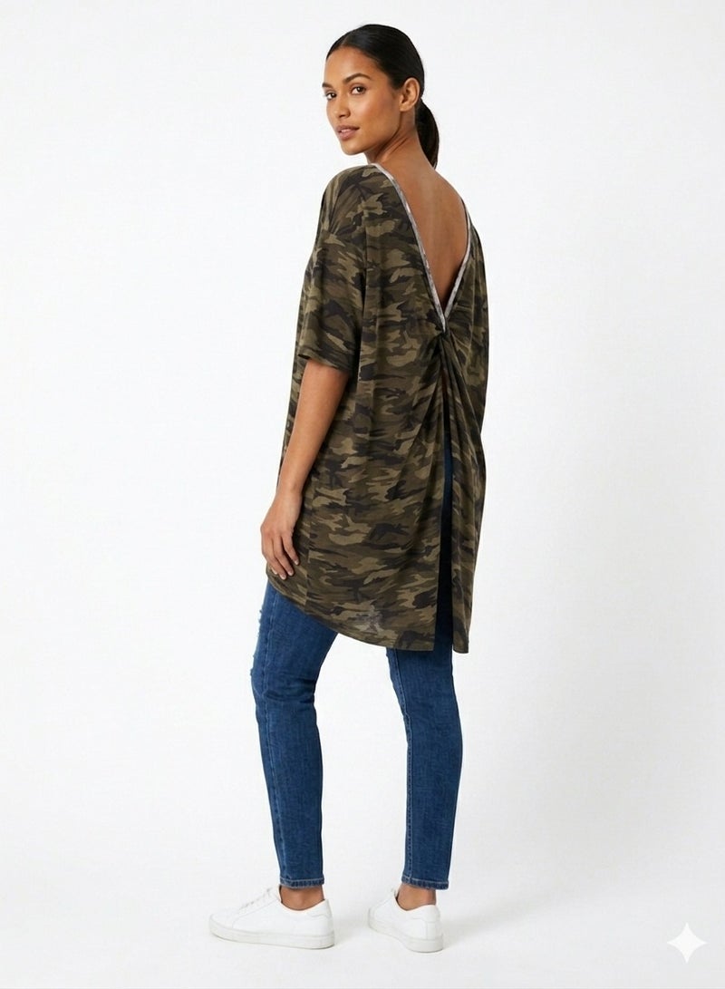 Women oversized army camouflage print top knot cotton blouse - Image 2