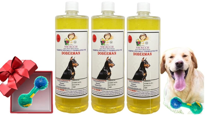 swacch Doberman Dog Shampoo + Dumbbell Toy I Durable Rubber Dog Toy for Chewing I Playing,Teeth Cleaning & Training Toy I Combo Pack I 1 Litre Pack of 3 Lemon - Image 1