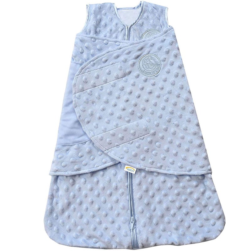 HALO Sleepsack Plush Dot Velboa Swaddle, 3-Way Adjustable Wearable Blanket, Blue, Newborn, 0-3 Months - Image 1