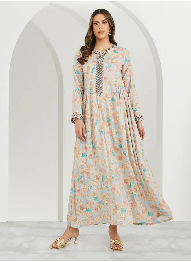 ستايلي Embroidered V Neck Jalabiya with Side Gathered Detail
