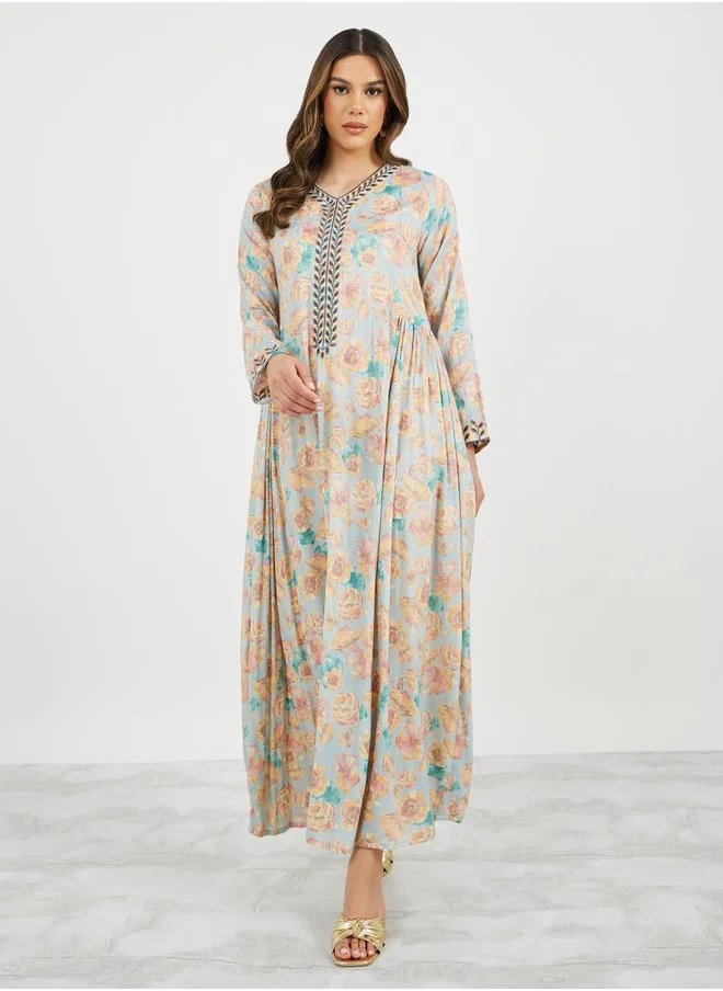 ستايلي Embroidered V Neck Jalabiya with Side Gathered Detail