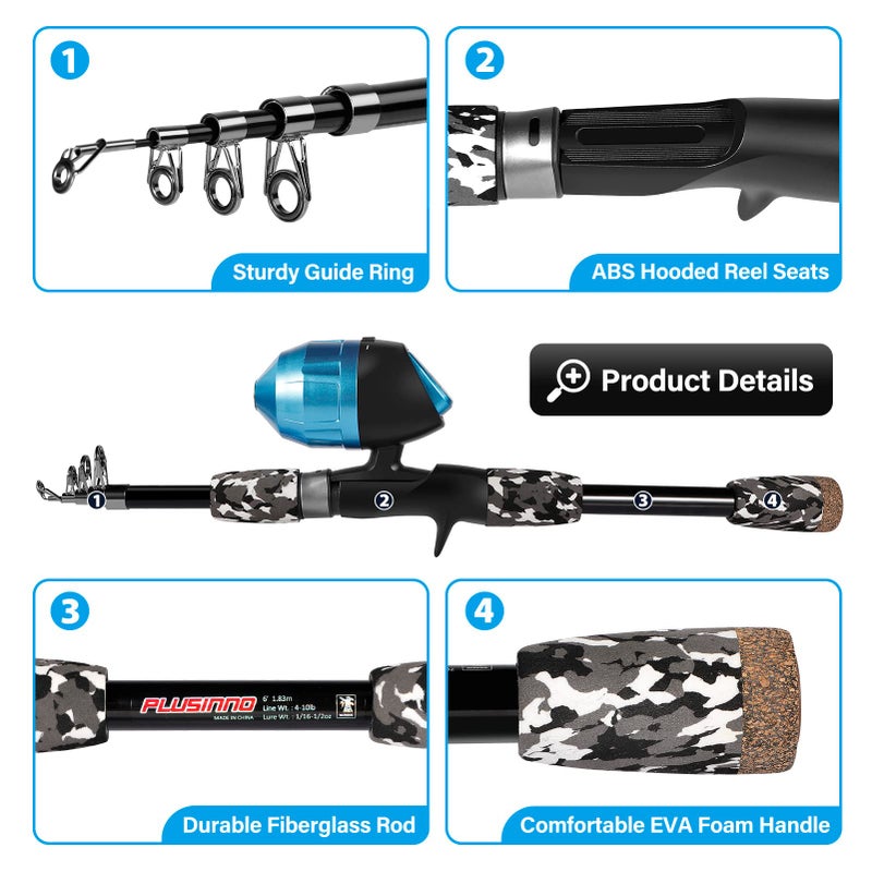 PLUSINNO Kids Fishing Pole with Spincast Reel Telescopic Fishing Rod Combo Full Kits for Boys, Girls, and Adults(Black, 120cm 47.24In) - Image 3