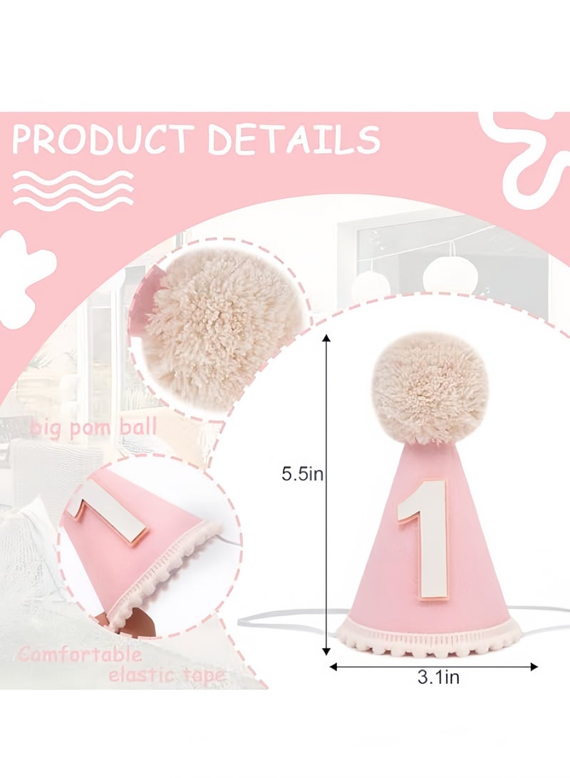 قبعة عيد ميلاد أول وردية للبنات الصغيرات - قبعة مخروطية وردية اللون، تاج مع زينة بوم، ديكورات عيد الميلاد الأول، دعامات صور لحفلة واحدة - Image 2