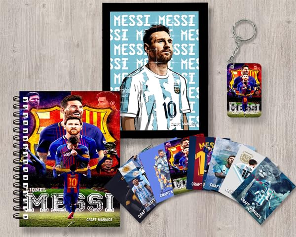 CRAFT MANIACS Lionel Messi Mosaic Art Frame Gifting Combo One A5 Frame One Diary Set of 8 Lomo Cards Free Matching Wooden Keychain Best Gift for Messi Lovers - Image 1
