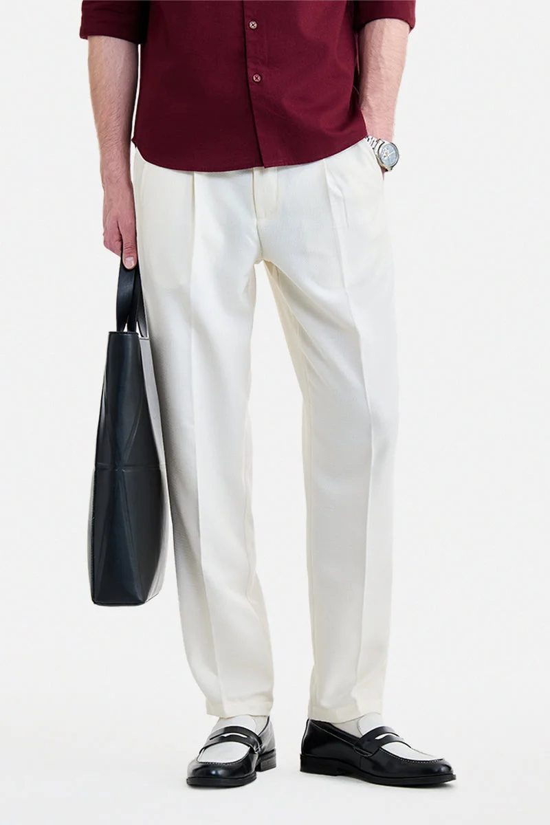 SNITCH Off-White Textured Regular Fit Formal Trousers
