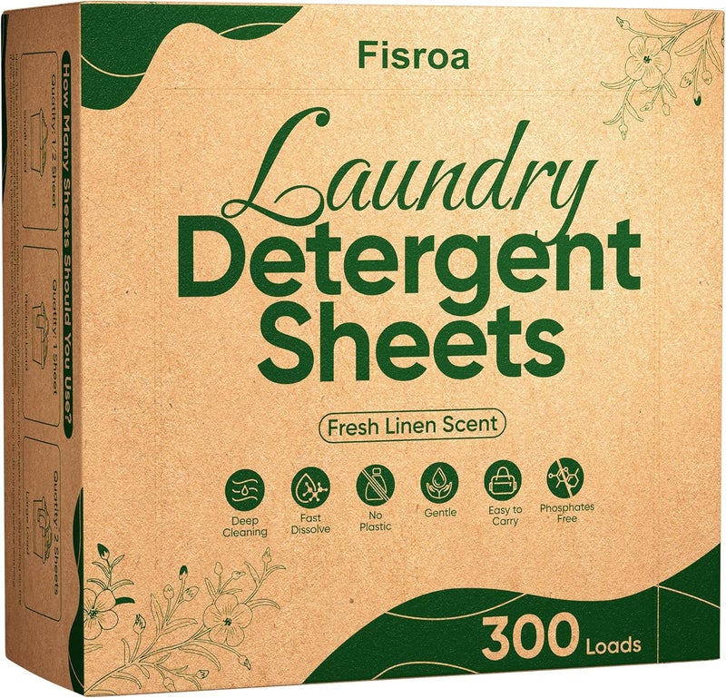 Fisroa 300 Load Laundry Detergent Sheets with Fresh Linen Scent - Eco-friendly Plastic-Free Liquid-less Washer Sheets for Travel, Camping, Home & Dorm - Image 1