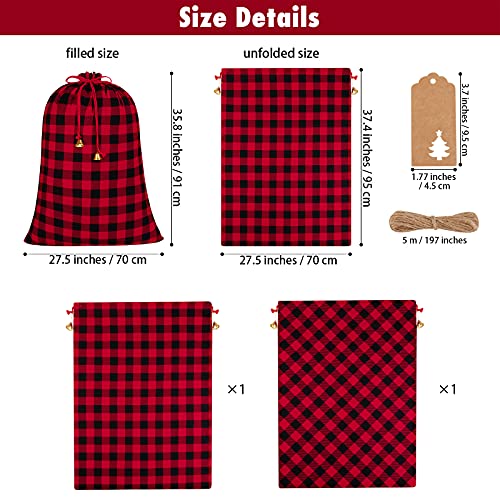 Aneco 2 Packs 37 x 27 Inches Buffalo Plaid Drawstring Bag Jumbo Size Holiday Santa Present Bag Large Cotton Storage Bags with 24 Pieces Kraft Tags and Bell for Storing Christmas Gifts - Image 3