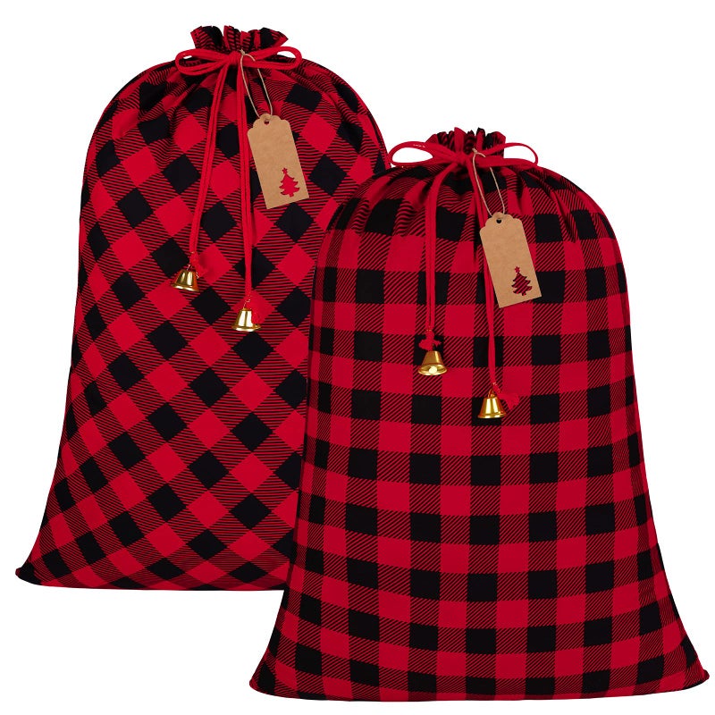 Aneco 2 Packs 37 x 27 Inches Buffalo Plaid Drawstring Bag Jumbo Size Holiday Santa Present Bag Large Cotton Storage Bags with 24 Pieces Kraft Tags and Bell for Storing Christmas Gifts - Image 2
