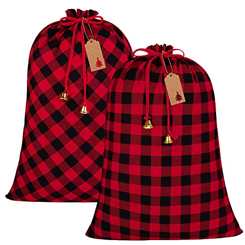 Aneco 2 Packs 37 x 27 Inches Buffalo Plaid Drawstring Bag Jumbo Size Holiday Santa Present Bag Large Cotton Storage Bags with 24 Pieces Kraft Tags and Bell for Storing Christmas Gifts - Image 1