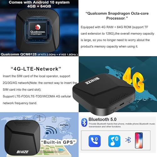 Binize Carplay Ai Box Android 13 Compatible with Wireless Carplay Wireless Android Auto AI Box Carplay Streaming Video Apps 4+64G Only Support Cars with OEM Wired CarPlay/Android Auto - Image 3