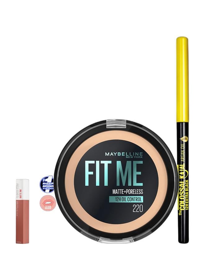 MAYBELLINE NEW YORK Fit Me Matte & Poreless Powder - 220 Natural Beige & Colossal Kajal Argan Oil Eyeliner - 12H Extra Black & Maybelline New York Superstay Matte Ink Liquid Lipstick - 65 Seductress 65 Seductress Bundle - Image 1