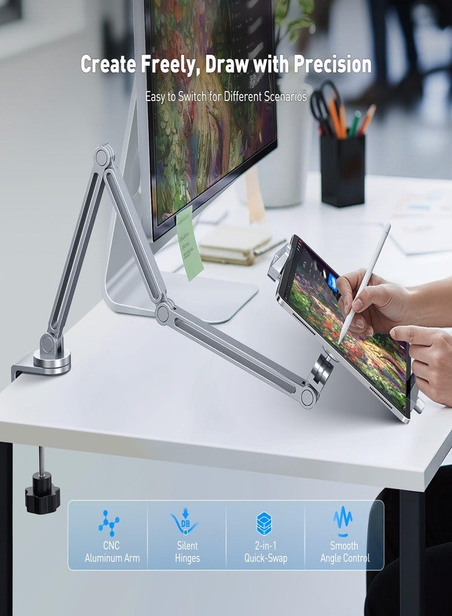 AboveTEK 2-in-1 iPad Stand for Desk, Aluminum iPad Holder Arm with Clamp & Magnetic Ring Head, 360° Adjustable Tablet Stand Holder, Bed Clamp Mount for 4.7"-13" iPads Air/Pro/Mini, Galaxy Tab & Phones - Image 2