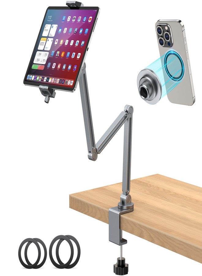 AboveTEK 2-in-1 iPad Stand for Desk, Aluminum iPad Holder Arm with Clamp & Magnetic Ring Head, 360° Adjustable Tablet Stand Holder, Bed Clamp Mount for 4.7"-13" iPads Air/Pro/Mini, Galaxy Tab & Phones - Image 1