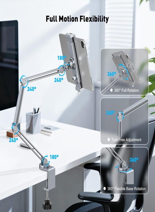 AboveTEK 2-in-1 iPad Stand for Desk, Aluminum iPad Holder Arm with Clamp & Magnetic Ring Head, 360° Adjustable Tablet Stand Holder, Bed Clamp Mount for 4.7"-13" iPads Air/Pro/Mini, Galaxy Tab & Phones - Image 5