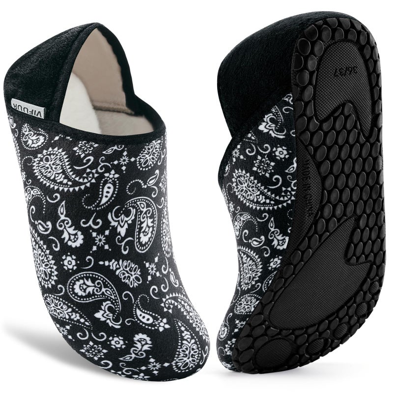 VIFUUR House Slippers for Women Men Slip on Indoor Barefoot Slipper Socks Fuzzy Cozy Sock Shoes for Home Bedroom Travel Black Cashew3839 - Image 2