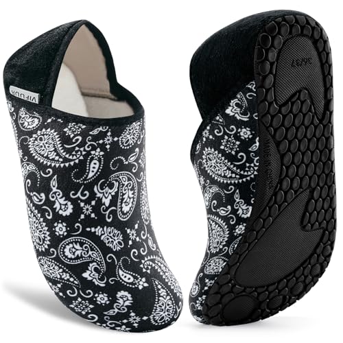 VIFUUR House Slippers for Women Men Slip on Indoor Barefoot Slipper Socks Fuzzy Cozy Sock Shoes for Home Bedroom Travel Black Cashew3839 - Image 1