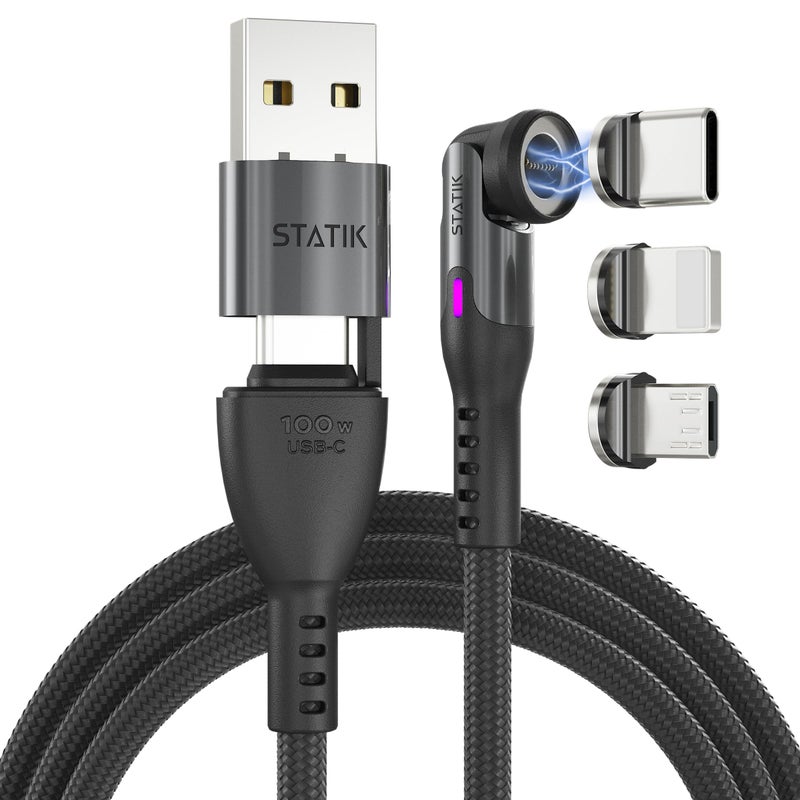 Statik 360 Pro Magnetic Charging Cable - Type C Charger Fast Charging 3 in 1 USB C to USB C Cable, Micro USB & iProduct Tips, USB A Adapter, Fits All Devices - 100W Fast Charger, Black 6FT/2M, 3 Pack - Image 1