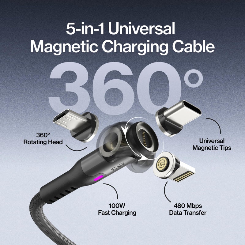 Statik 360 Pro Magnetic Charging Cable - Type C Charger Fast Charging 3 in 1 USB C to USB C Cable, Micro USB & iProduct Tips, USB A Adapter, Fits All Devices - 100W Fast Charger, Black 6FT/2M, 3 Pack - Image 2