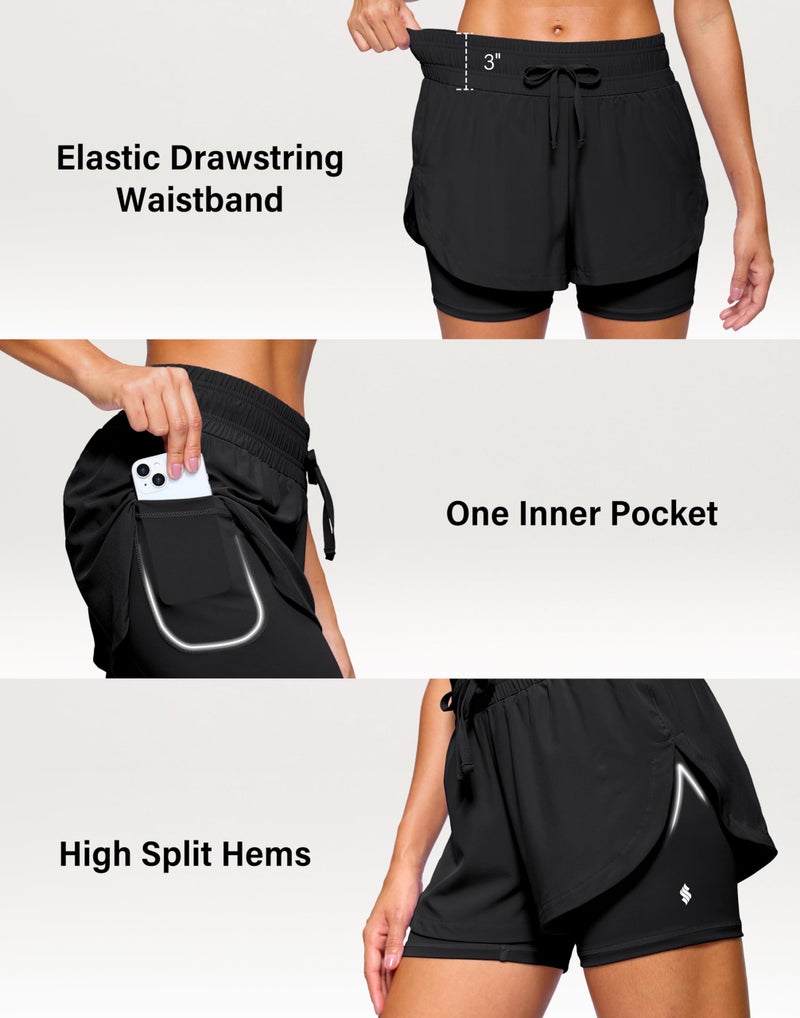 Soothfeel Women's 2 in 1 Running Shorts 5" Athletic Shorts High Waisted Workout Gym Tennis Exercise Shorts with Liner Pocket Black M - Image 5