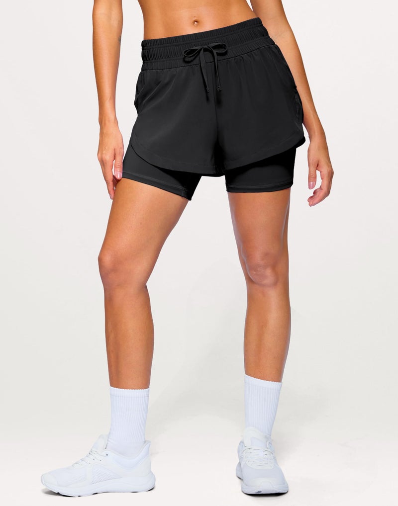 Soothfeel Women's 2 in 1 Running Shorts 5" Athletic Shorts High Waisted Workout Gym Tennis Exercise Shorts with Liner Pocket Black M - Image 2