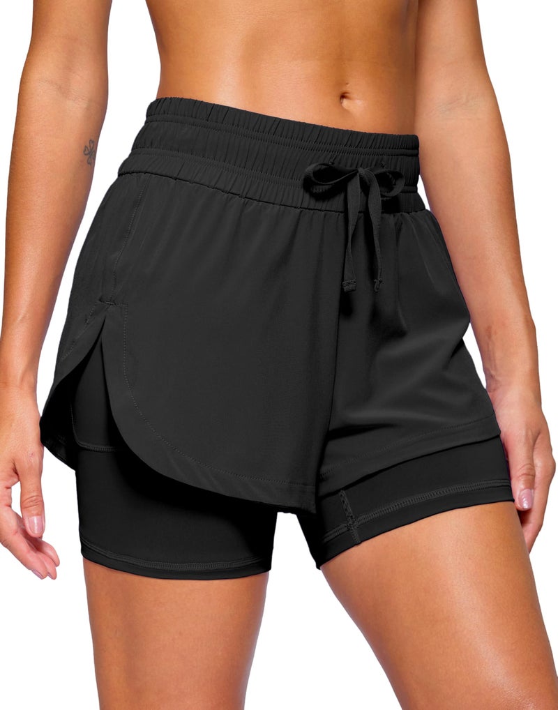 Soothfeel Women's 2 in 1 Running Shorts 5" Athletic Shorts High Waisted Workout Gym Tennis Exercise Shorts with Liner Pocket Black M - Image 1