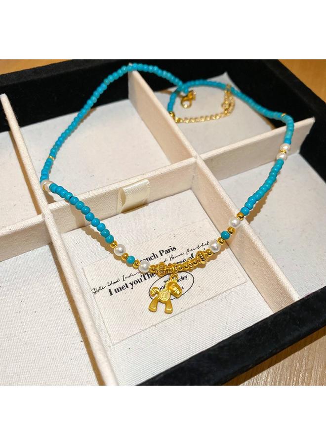 Contrast Color Geometric Lucky Bag Necklace New Chinese Retro Design Clavicle Chain Chinese Style Fashion New Necklace