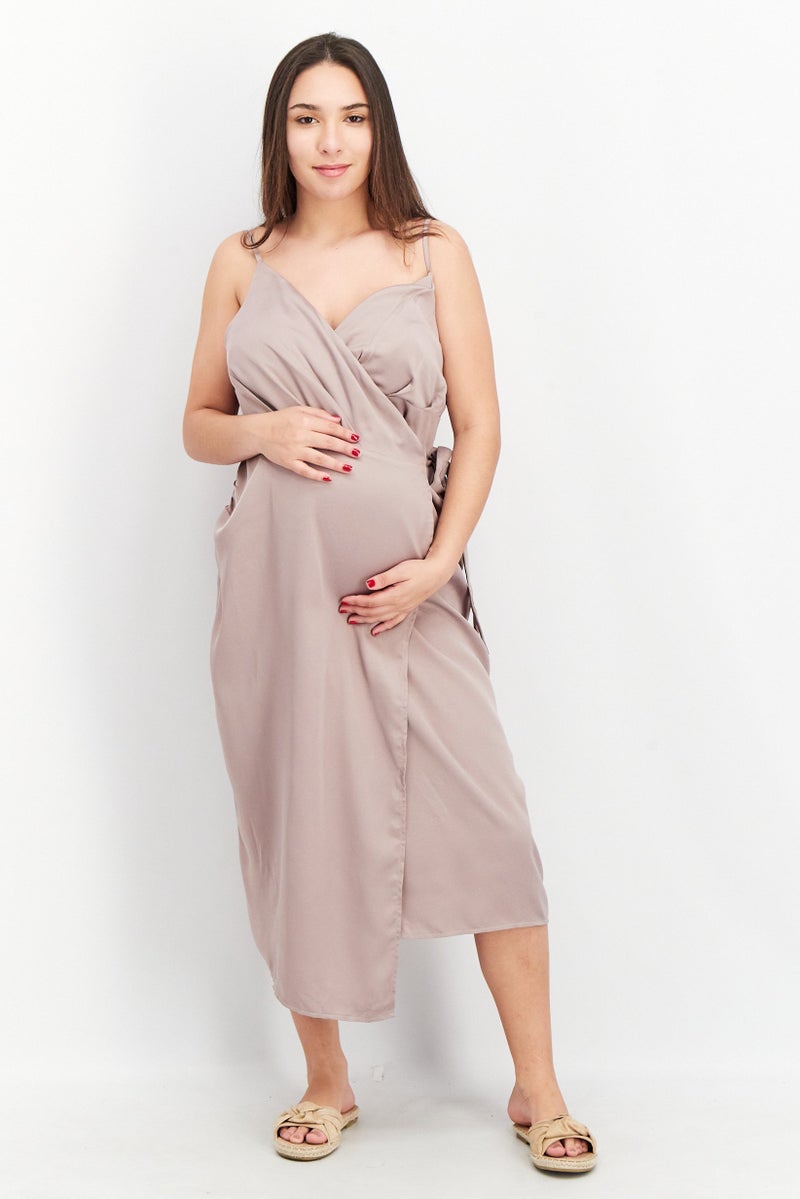 Little Mistress Women Maternity Satin Wrap Midi Dress, Grey - Image 1