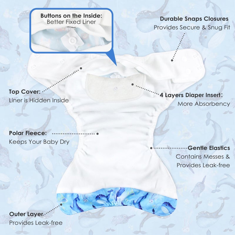 wegreeco Cloth Diapers 5 Pack with 5 Inserts, Washable Cloth Diapers for Babies, One Size Adjustable Reusable Diapers Baby (Ocean Adventure) - Image 3