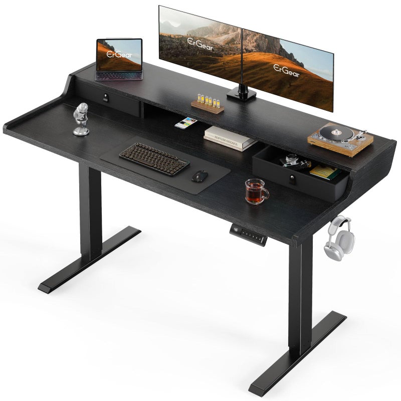 مكتب كهربائي قابل للتعديل مع أدراج 55 × 28 طاولة ألعاب متوافقة مع حامل الشاشة مكاتب قائمة بذاتها مكتب منزلي قابل للتعديل في الارتفاع مع رف تخزين 4 ارتفاعات محددة مسبقًا أسود